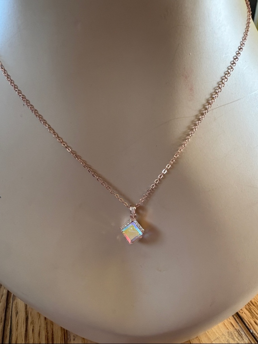Rose Gold Chain with Iridescent Cube Pendant - Women Jewelry
